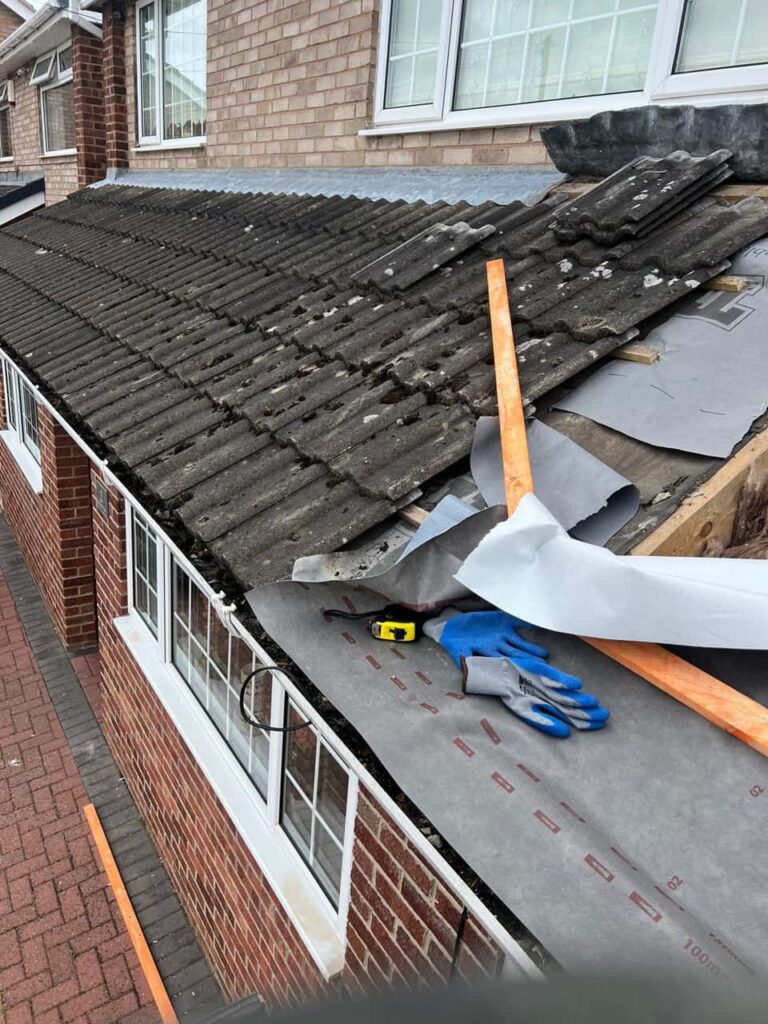 This is a photo of a pitched roof which is being repaired. The existing roof was leaking badly. Works carried out by South Wigston Roofing Repairs